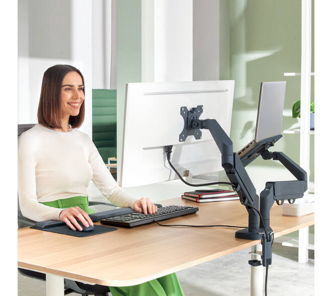 Monitor- en laptoparm Leitz Ergo ruimtebesparend dubbel donkergrijs