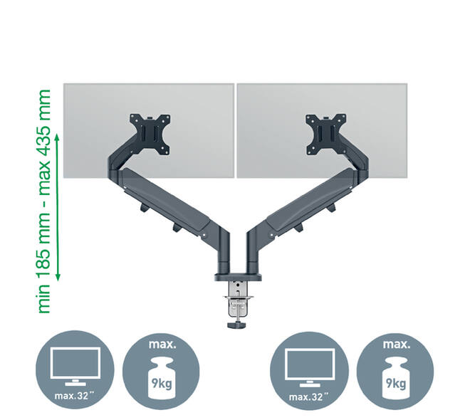 Monitorarm Leitz Ergo ruimtebesparend dubbel donkergrijs
