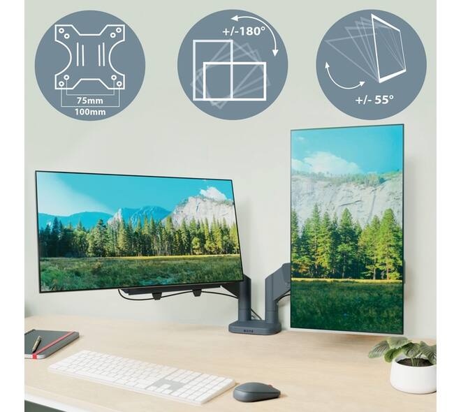 Monitorarm Leitz Ergo ruimtebesparend dubbel donkergrijs