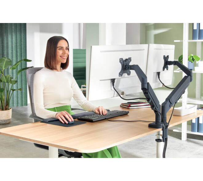 Monitorarm Leitz Ergo ruimtebesparend dubbel donkergrijs