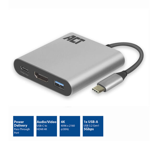 Adapter ACT USB-C multiport voor 1 HDMI monitor