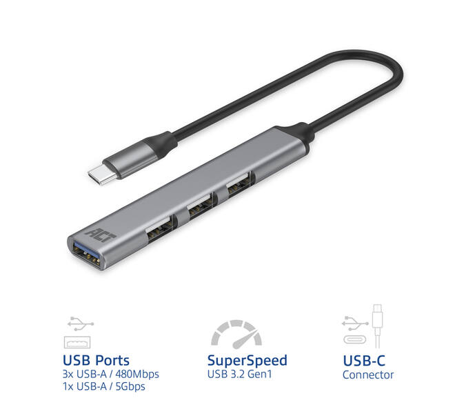 Hub ACT USB-C 3x USB-A 2.0 en 1x USB-A 3.0
