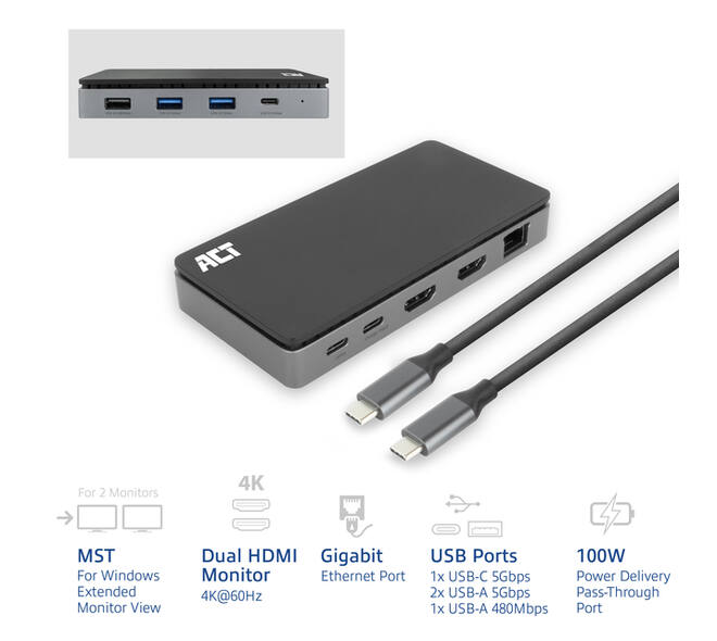Dockingstation ACT USB-C 4K MST voor 2 HDMI monitoren