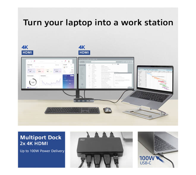 Dockingstation ACT USB-C 4K MST voor 2 HDMI monitoren