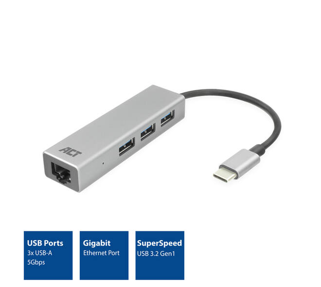 Hub ACT USB-C 3.0 3x USB-A Gigabit ethernet