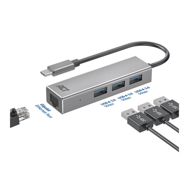 Hub ACT USB-C 3.0 3x USB-A Gigabit ethernet