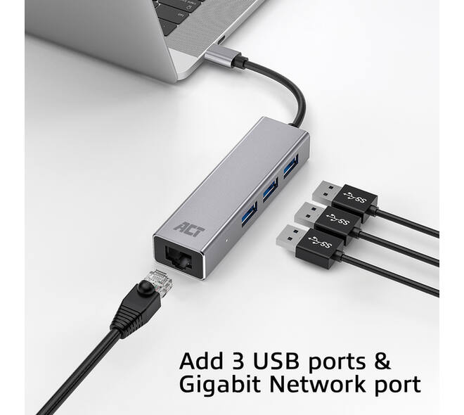 Hub ACT USB-C 3.0 3x USB-A Gigabit ethernet