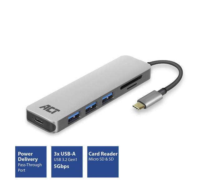 Hub ACT USB-C 3.0, 3x USB-A cardreader PD p-through
