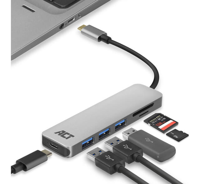 Hub ACT USB-C 3.0, 3x USB-A cardreader PD p-through