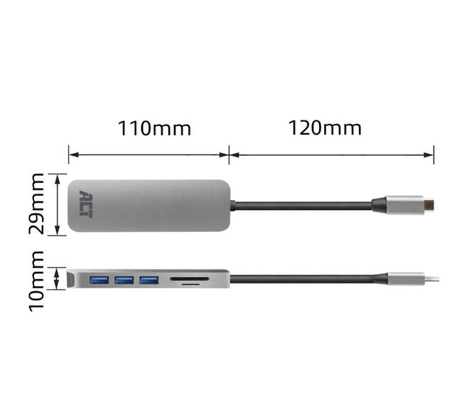 Hub ACT USB-C 3.0, 3x USB-A cardreader PD p-through