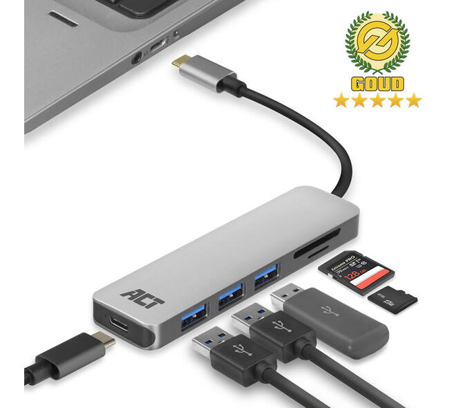 Hub ACT USB-C 3.0, 3x USB-A cardreader PD p-through