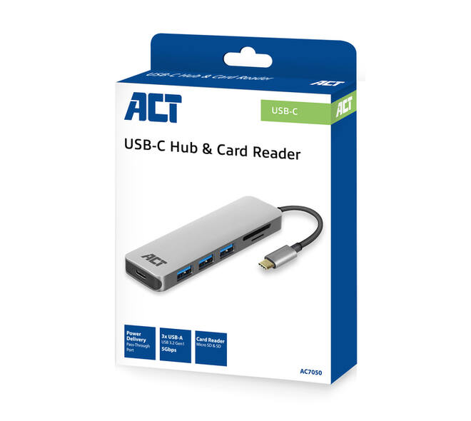 Hub ACT USB-C 3.0, 3x USB-A cardreader PD p-through