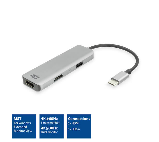 Adapter ACT USB-C 4K multiport voor 2 HDMI monitoren