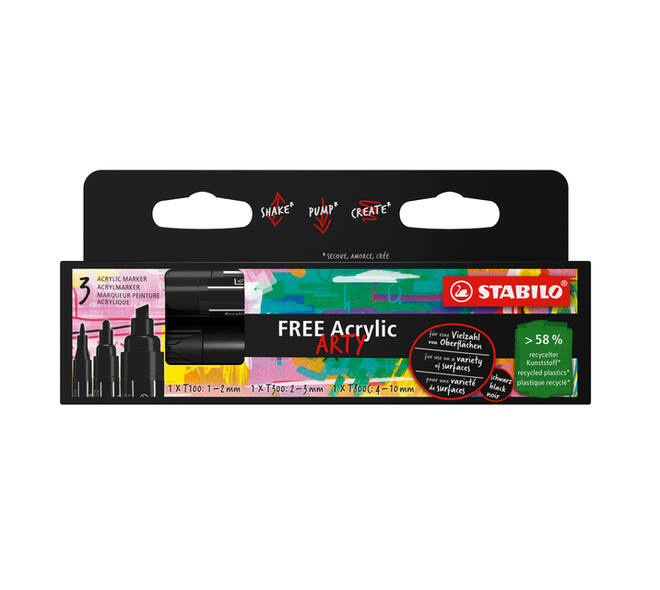Acrylmarker STABILO  Free Acrylic Mixed Tip set à 3 breedtes zwart