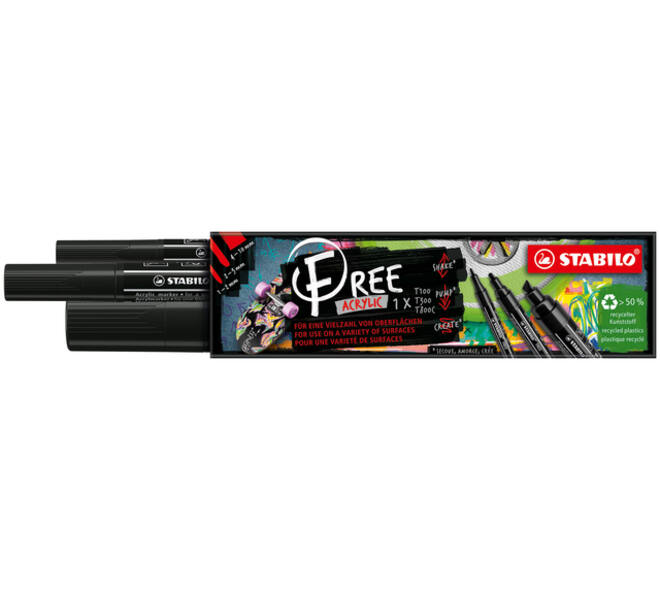 Acrylmarker STABILO  Free Acrylic Mixed Tip set à 3 breedtes zwart
