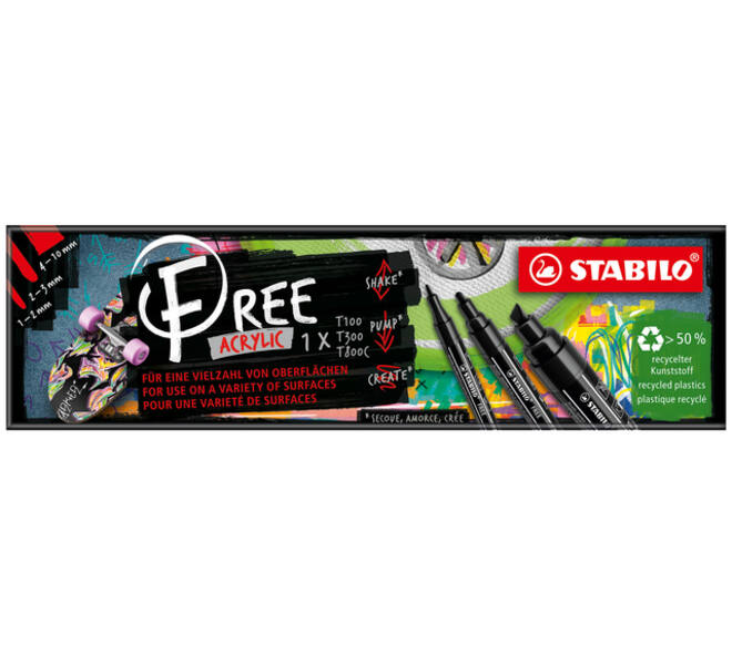 Acrylmarker STABILO  Free Acrylic Mixed Tip set à 3 breedtes zwart