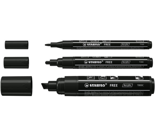 Acrylmarker STABILO  Free Acrylic Mixed Tip set à 3 breedtes zwart