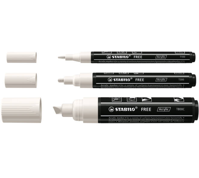 Acrylmarker STABILO  Free Acrylic Mixed Tip set à 3 breedtes wit