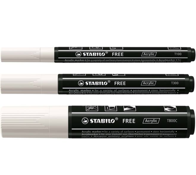 Acrylmarker STABILO  Free Acrylic Mixed Tip set à 3 breedtes wit