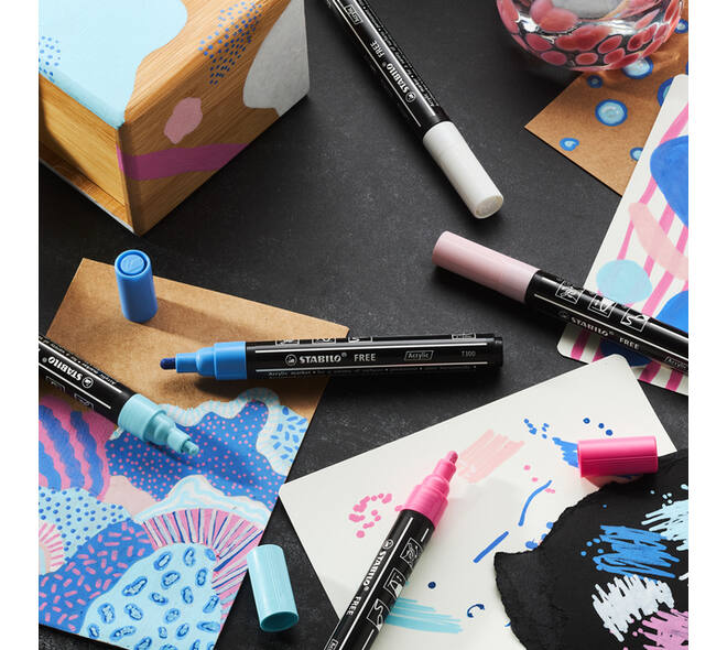 Acrylmarker STABILO  Free Acrylic Mixed Tip set à 3 breedtes wit