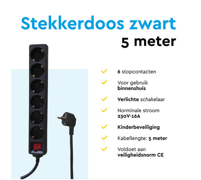 Stekkerdoos BRASQ 6 voudig 5 meter zwart