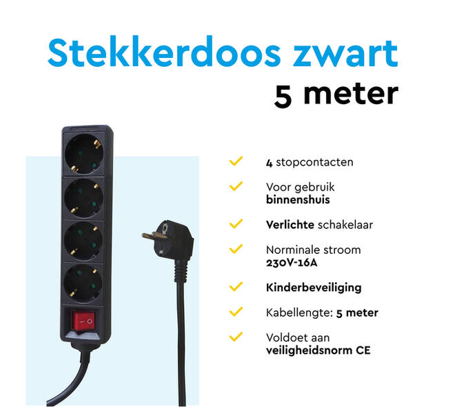 Stekkerdoos BRASQ 4 voudig 5 meter zwart