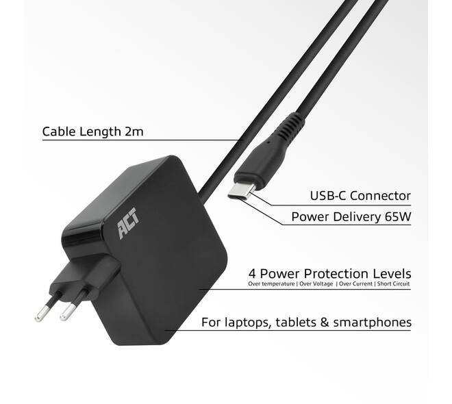 Laptop Oplader ACT USB-C Power Delivery 65W 2mtr