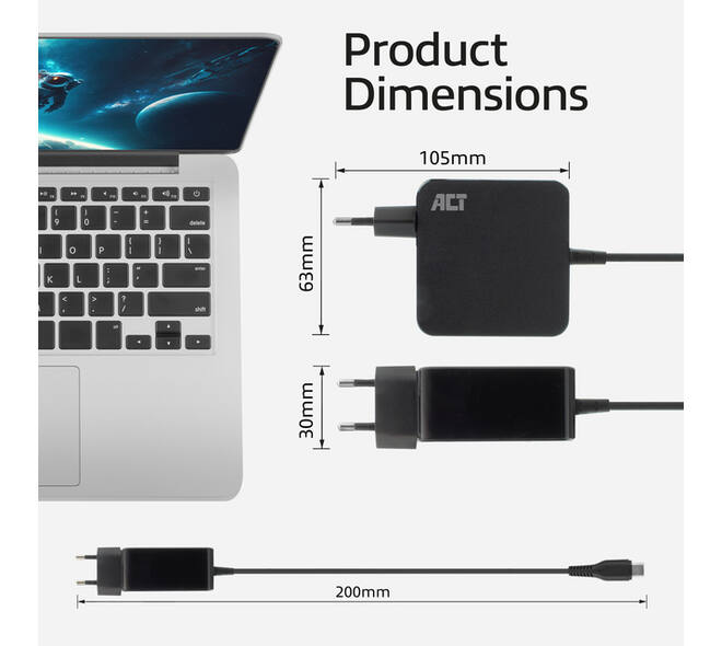 Laptop Oplader ACT USB-C Power Delivery 65W 2mtr