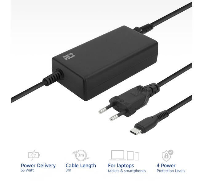 Laptop Oplader ACT USB-C Power Delivery 65W 3mtr