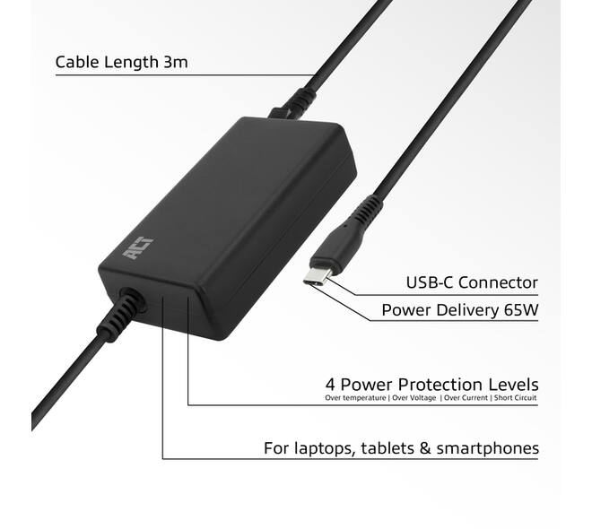 Laptop Oplader ACT USB-C Power Delivery 65W 3mtr