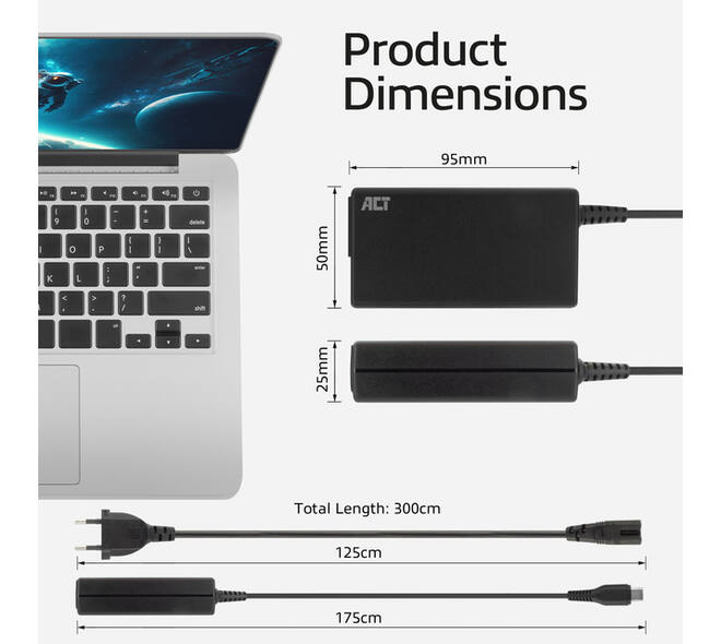 Laptop Oplader ACT USB-C Power Delivery 65W 3mtr