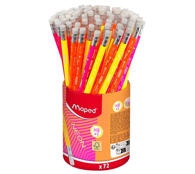 Potlood Maped Neon met gum pot à 72 stuks assorti