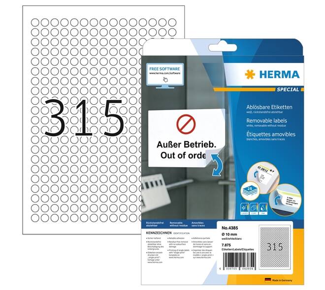 Etiket HERMA 4385 rond 10mm wit 7875 stuks