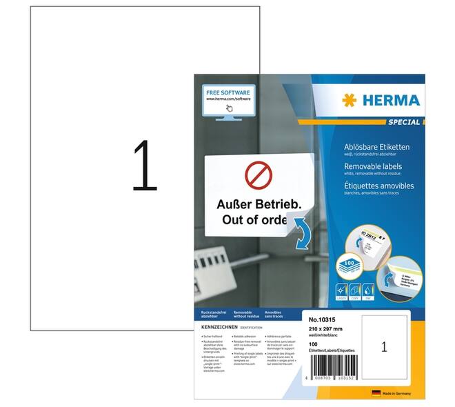 Etiket HERMA 10315 210x297mm verwijderbaar wit 100 stuks