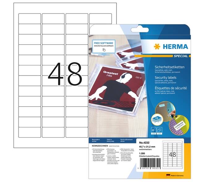 Veiligheidsetiket HERMA 4232 45.7x32.2mm wit 1200 stuks