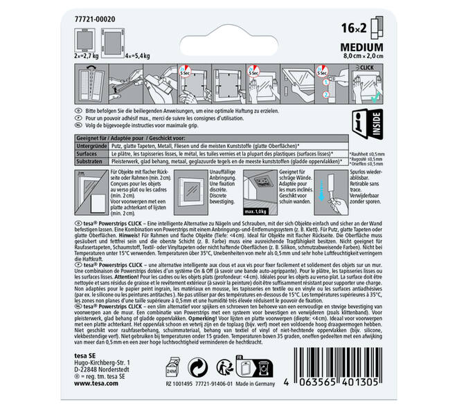 Kleefstip tesa Powerstrips Click Medium 16 paar wit