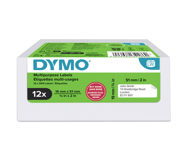 Etiket Dymo LabelWriter multifunctioneel 19x51mm 12 rollen á 500 stuks wit