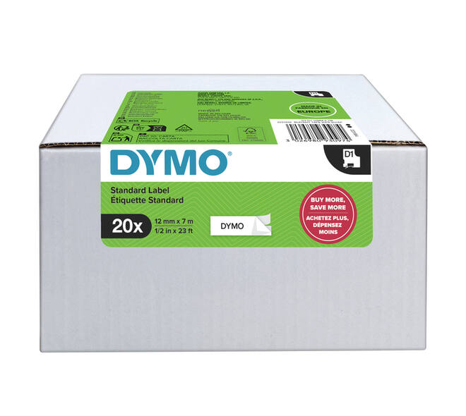 Labeltape Dymo LabelManager D1 polyester 12mmx7m wit op zwart  20 stuks