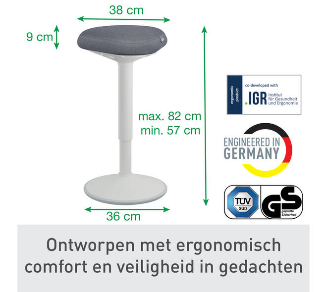 Actieve zit-sta kruk Leitz Ergo met gasveer 57-82 cm grijs