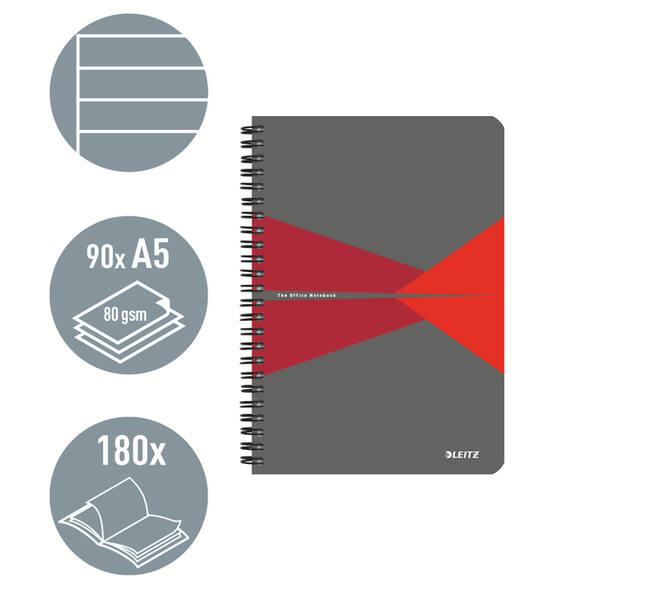 Notitieboek Leitz Office A5 lijn 180 pagina's 80gr grijs rood