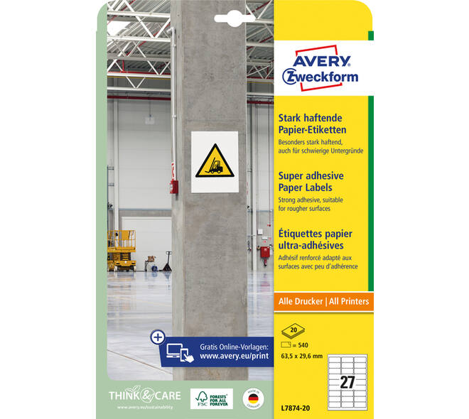 Etiket Avery L7874-20 63.5x29.6mm 540 stuks