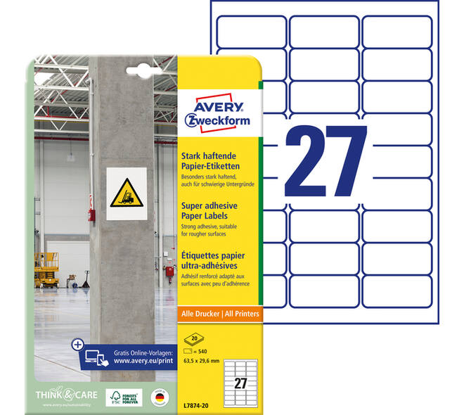 Etiket Avery L7874-20 63.5x29.6mm 540 stuks