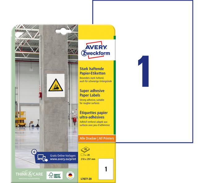Etiket Avery L7877-20 210x297mm 20 stuks