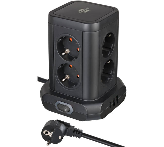 Stekkerdoos Brennenstuhl toren 8 voudig met 2x USB A 1x USB C PD zwart