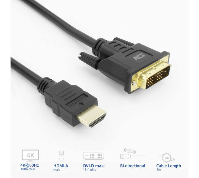 Kabel ACT HDMI DVI 18+1 pin M/M zwart 2 meter