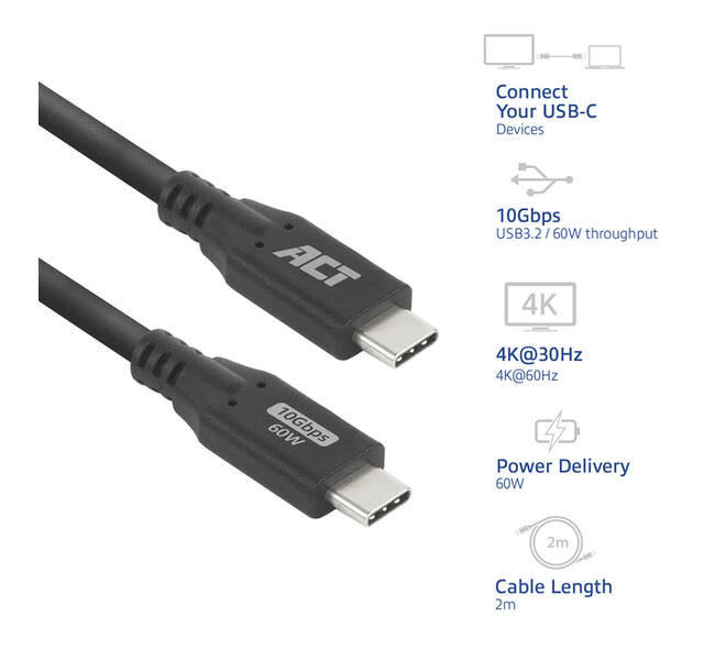 Kabel ACT USB-C 3.2 GEN.2 M/M zwart 2 meter