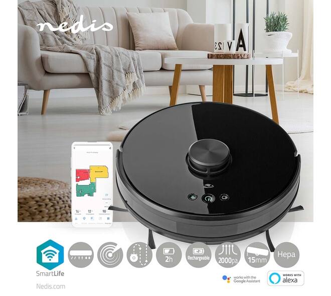Robotstofzuiger Nedis Smartlife wifi laser 3-in-1 zwart
