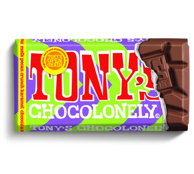 Chocolade Tony's Chocolonely melk karamel pecan crunch reep 90 gram