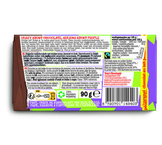 Chocolade Tony's Chocolonely melk karamel pecan crunch reep 90 gram