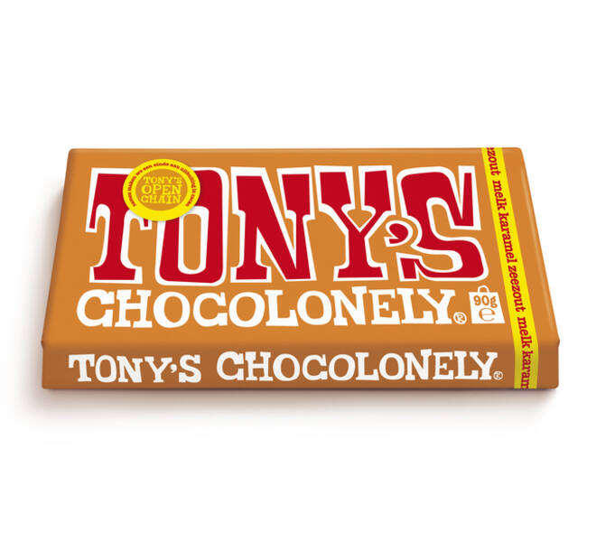 Chocolade Tony's Chocolonely melk karamel zeezout reep 90 gram